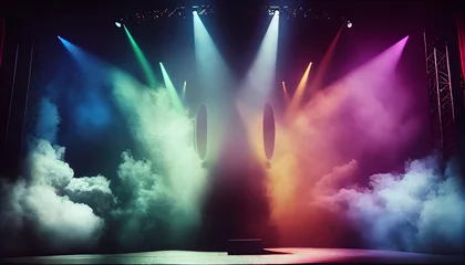 Foto op Plexiglas Theater setting with concert and stage, stage lit by colored spotlights. lights and smoke Ai generated image  © FH Multimedia