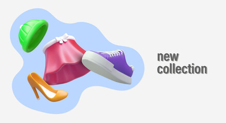 Notification of new collection, arrival. Advertising poster in plasticine style. Colored 3D objects. Clothes, shoes, hats. Template for invitation or flyer, email and leaflet, booklet, web page