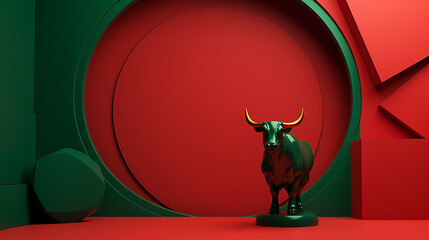 Bull Market's 3D Artistic Manifestation: Embracing Minimalist Design Textures Painted in Deep Greens and Reds, Designed with Precision for Financial Documentation and Modern Aesthetic Displays