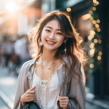 asian girl walking down the streets, Generative AI