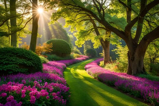 Generate an HD image portraying a tranquil spring setting in a park, where AI-crafted flowers bloom gracefully amidst lush greenery, with attention to realistic lighting and natural details