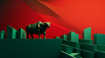 Bull Market's 3D Artistic Manifestation: Embracing Minimalist Design Textures Painted in Deep Greens and Reds, Designed with Precision for Financial Documentation and Modern Aesthetic Displays