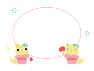 浴衣姿のキツネ　楕円フレーム付