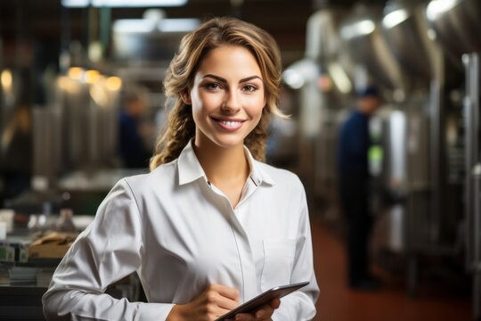 Portrait of a female food factory supervisor using a tablet and smiling at the camera