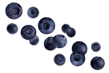 Levitation of blueberries isolated on a transparent background.