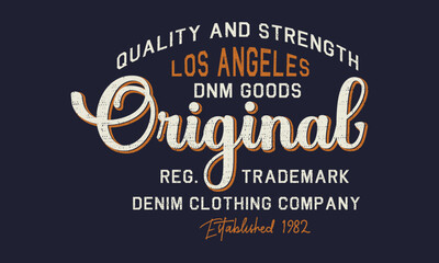 Quality & Strength Vintage Authentic Denim T-shirt graphic. Typography vintage outfit brand logo print. Retro artwork. Graphic tee vector illustration.  Apparel fashion design	