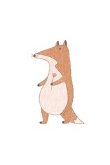 Fox. children's illustration. A tall fox cub with a long nose and a big belly.