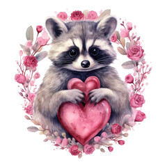 Fototapeta na wymiar Raccoon With Wreath Pink Floral