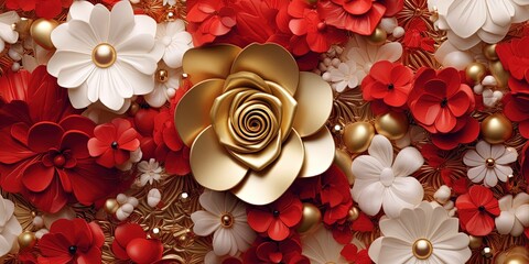 A golden background for a product advertising, white and red flowers