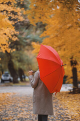 Man's back in the autumn park under a red umbrella. Unrecognizable woman without a face alone