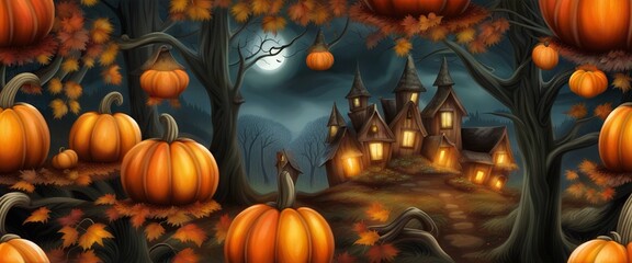 Spooky, scarry halloween forest with scary black trees and pumpkins