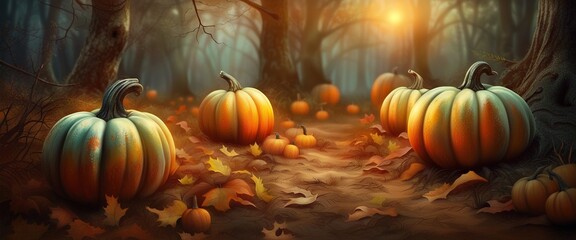 Scary foggy forest with pumpkin lanterns, Halloween concept. AI generated.