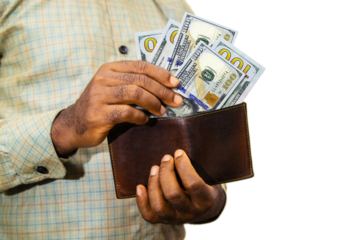 Black person Holding brown wallet
With US dollar notes, hand removing money out of wallet over white background removing money from wallet