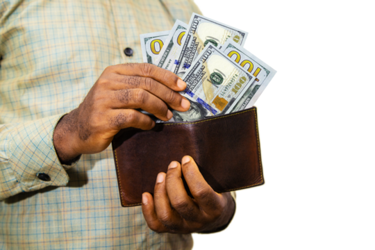 Black person Holding brown wallet
With US dollar notes, hand removing money out of wallet over white background removing money from wallet