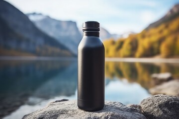 Black reusable thermo water bottle with a lake in the background, outdoor concept