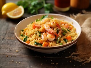 Fototapeta na wymiar Couscous with shrimps and vegetables, close up