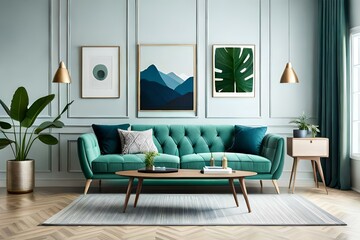 Stylish living room interior design with modern mint sofa, wooden console, cubes, coffee table, lamps, plants, mock up poster frames, pillows, plaid, elegant decorations and accessories in home decor.