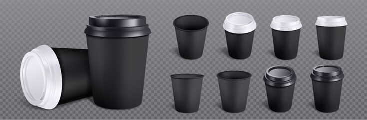 3d black coffee cup isolated vector mockup set. Eco tea mug with plastic lid cover and empty branding design. Dark disposable packaging for takeaway and go cold latte drink professional template.