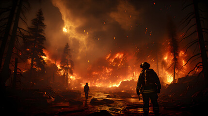 Braving the Flames: A Firefighter Quelling a Massive Forest Fire