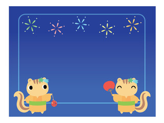 Naklejka premium 浴衣姿のリス 四角フレーム 花火の背景付