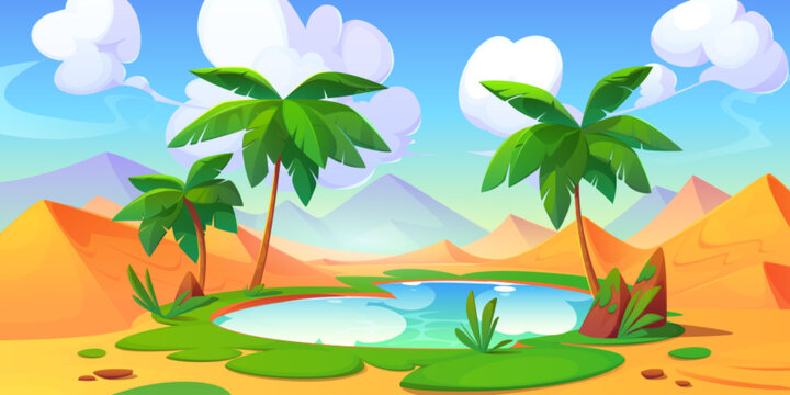 Palm tree in egypt sand desert oasis vector landscape background. Cartoon lake with water in summer arabian dubai dune. African heat panoramic scene with green grass game season wallpaper image