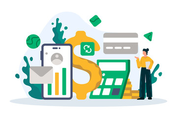 Business worker presents bank services. Savings in bank, deposit loan and investments concept. Flat vector illustration in cartoon style in green and yellow color