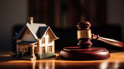 Close up on a wooden table with a model house and an auction gavel. A concept motif on the subject of house buying and auctioning