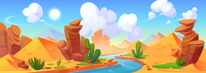 Fototapeta na wymiar Cartoon desert nile river valley vector background. Dry africa sand wilderness hills nature scene with water landscape. Amazing idyllic arabic game environment with nobody neat cactus and stream