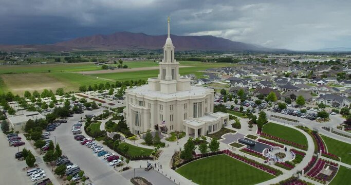 Payson, Utah LDS Mormon Religious Temple, Beautiful Aerial Drone Orbit