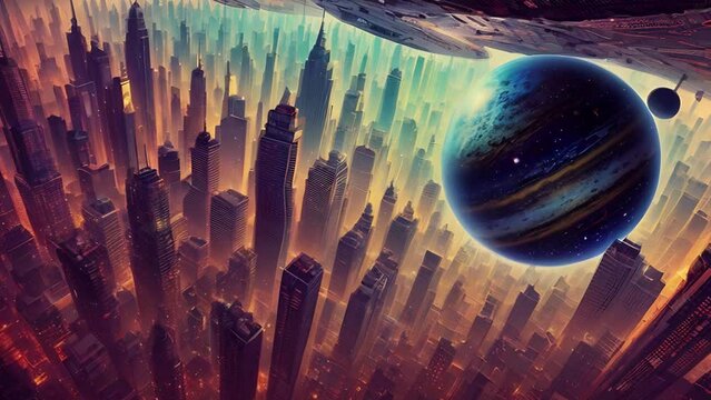 Futuristic urban animation with deep space, galaxy, and futuristic city with high skyscrapers. Bright cosmic animation with illustrations transformations, music visualization. AI generated video