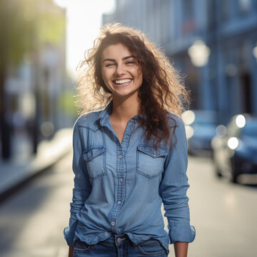 young happy smiling woman with long curly hair dressed in denim shirt, Generative AI