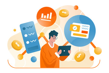 Cartoon character holding tablet and checking money in bank account. Bank investments and savings. Concept of secure mobile banking services, money investment. Flat vector illustration