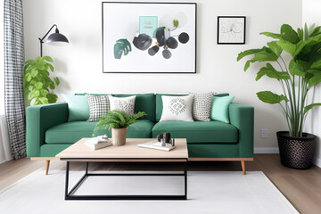 Stylish living room interior design with modern mint sofa, wooden console, cubes, coffee table, lamps, plants, mock up poster frames, pillows, plaid, elegant decorations and accessories in home decor.