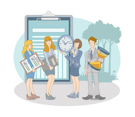 Director giving time instructions to workers. Effective work scheduling, multitasking concept with clock, calendar. Office productivity, workflow. Flat vector illustration in blue colors