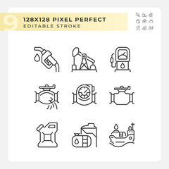 Petroleum industry linear icons set. Oil and gas production. Pipeline transport. Fossil fuel. Customizable thin line symbols. Isolated vector outline illustrations. Editable stroke