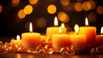 Memory day concept. Burning candles on dark surface. 