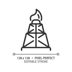 Drilling rig linear icon. Oil well. Offshore platform. Petroleum industry. Gas exploration. Energy production. Thin line illustration. Contour symbol. Vector outline drawing. Editable stroke