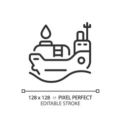 Oil tanker ship linear icon. Cargo vessel. Maritime industry. Oil transportation. Petroleum tanker. Bulk carrier. Thin line illustration. Contour symbol. Vector outline drawing. Editable stroke