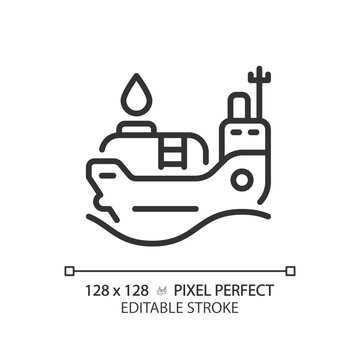 Oil tanker ship linear icon. Cargo vessel. Maritime industry. Oil transportation. Petroleum tanker. Bulk carrier. Thin line illustration. Contour symbol. Vector outline drawing. Editable stroke