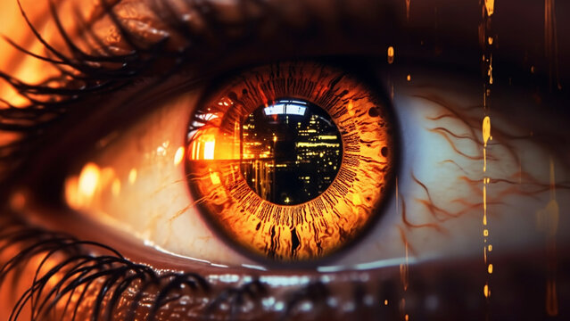 Golden eye photo with golden outline on the eye and reflection of the city in neon light on the eye.