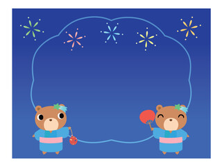 浴衣姿のクマ　吹き出し　花火の背景付