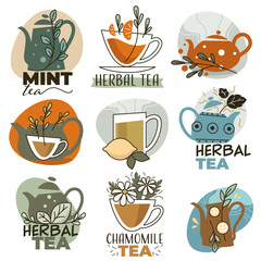 Herbal tea with mint and lemon, labels and emblems