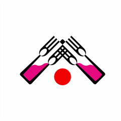 Japanese restaurant and bar logo design. Illustration of spoon, fork and wine bottle and Japanese flag symbol.