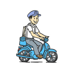 Fototapeta na wymiar Delivery man riding a blue scooter. Food, post or goods delivery