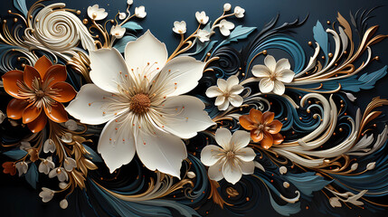 3d Wall art of white flowers on a dark colored wall, Generative AI