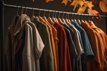 Obraz premium Clothes hanging in row. Many clothes for autumn or fall season. 