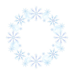 Snowflakes. Watercolor frame. Decorative winter background with hand drawn snowflakes, snow, stars. Snowflake framework. Isolated. For postcards, invitations, cards