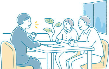 高齢者夫婦に説明をするビジネスパーソン