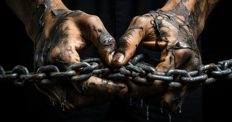 two hands are chained to chains. International day for the Abolition of Slavery concept banner