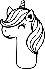 Cute cartoon unicorn head with number one, 1, outline hand drawing doodle. A fun and educational way to teach kids about numbers. Perfect for kindergarten, elementary school, or preschool lessons.